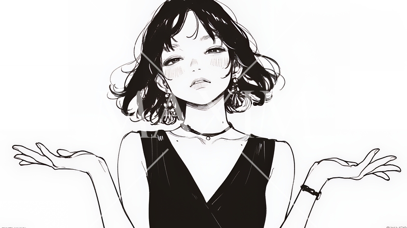 肩をすくめて困惑・諦めの仕草をしている若い女性（シンプルな色使い）