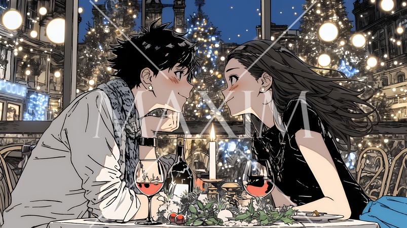 クリスマスディナーを楽しんでいる若いカップル