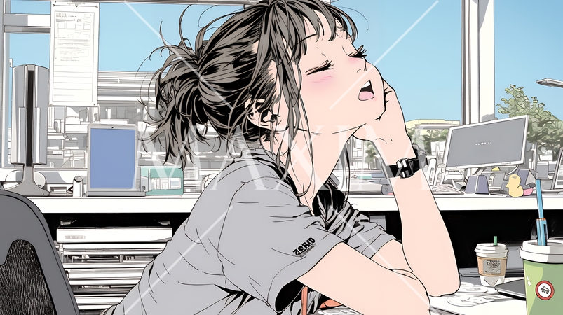 仕事中にあくびをしている若い女性