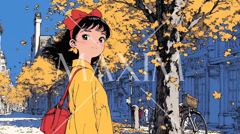 紅葉の小径を歩く少女