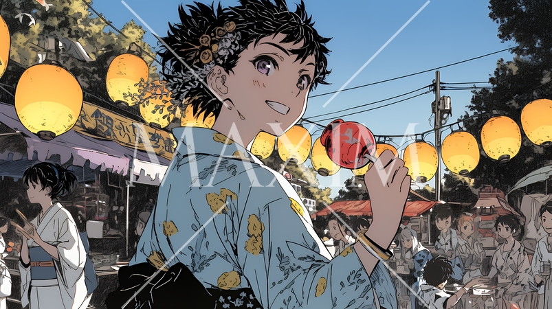 縁日屋台が立ち並び、賑わいを見せる祭りの夜