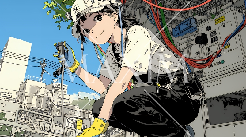 配線工事をしている女性作業員