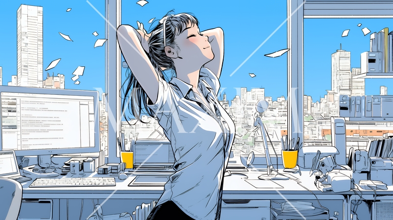 仕事の合間にストレッチ（伸び）をする女性