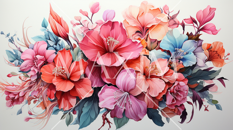 南国の花々が咲き乱れる庭：水彩画