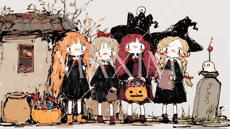 キモかわいいハロウィーンコスプレの女の子（クレヨンと水彩画風）