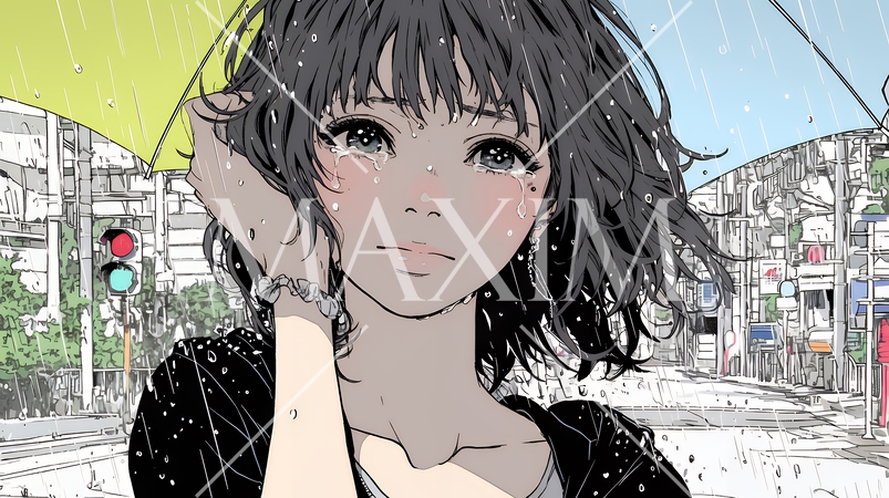 雨の中で泣いている若い女性