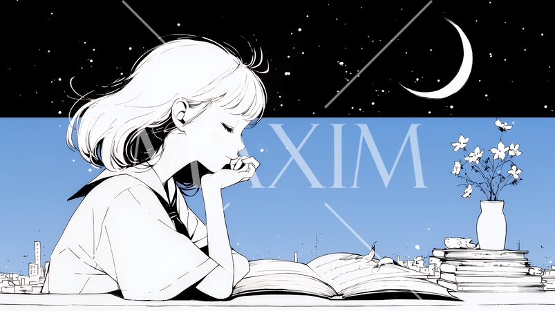 資料（本）を読みながら、うとうと眠ってしまう若い女性（シンプルな色使い）