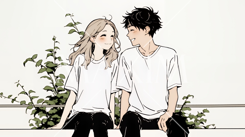 幸せそうなカップル：腰掛けて談笑（シンプルな色使い）