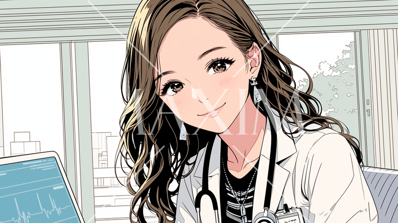白衣を着て聴診器を首にかけている若い女医