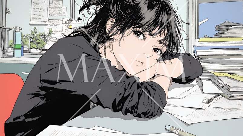 机にもたれ、散らばった書類に囲まれてため息をつく疲れた女性