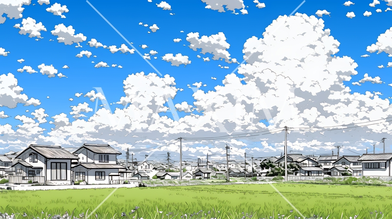 郊外の田園風景と夏空と入道雲