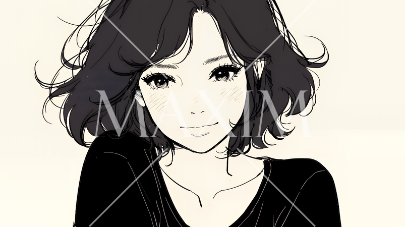 悲しげな目で微笑む（Smiling with sad eyes）若い女性（シンプルな色使い）