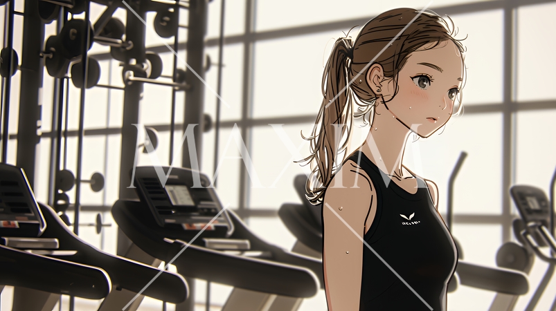 休日にジムで軽く運動する若い女性（シンプルな色使い）