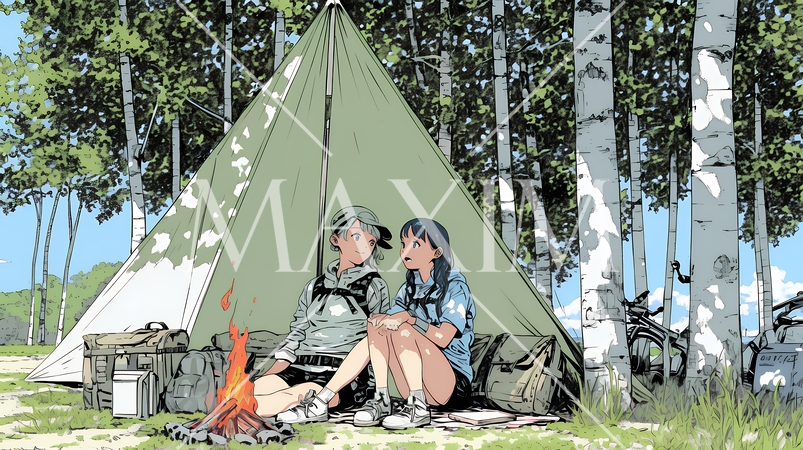 女友達と一緒にテントキャンプを楽しむ若い女性