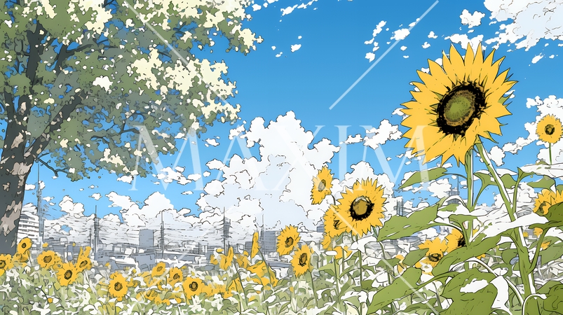 満開のひまわりと真夏の青空