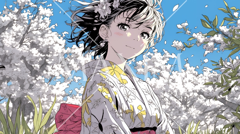 満開の桜の木の下を歩く若い女性