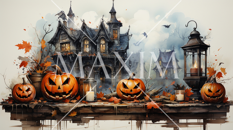 ハロウィンをイメージした古い屋敷の水彩画