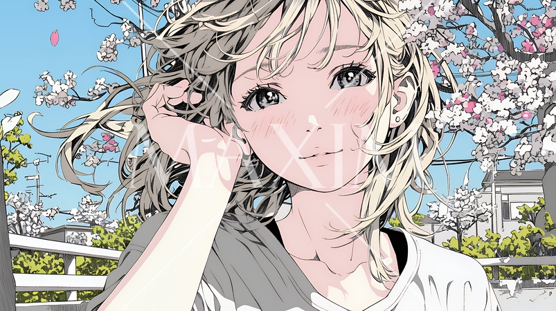 満開の桜の下、春風に乱れた髪を整える若い女性