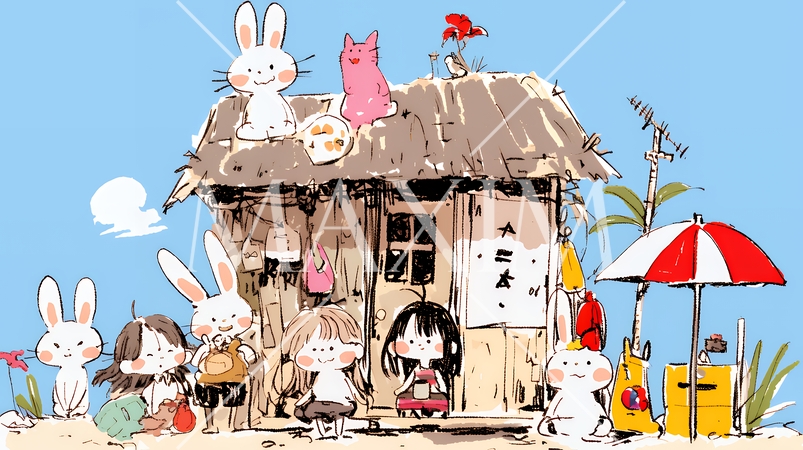 小学生の夏の思い出：田舎で可愛いウサギたちと遊ぶ（クレヨン＋水彩画風）