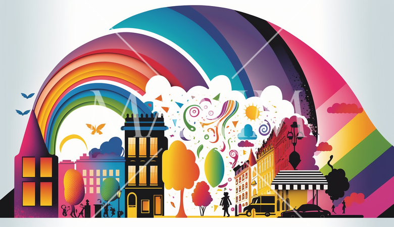 幸せな街並みのポップな切り絵風表現