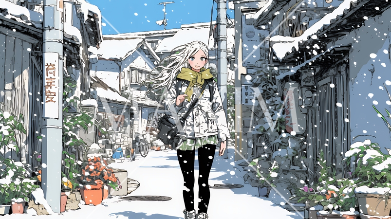 雪の積もる田舎道を歩いている若い女性