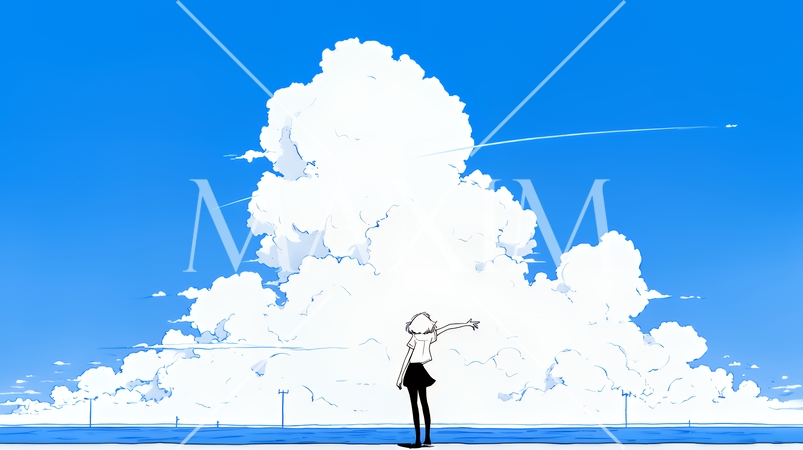 夏の海と入道雲と若い女性（シンプルな色使い）