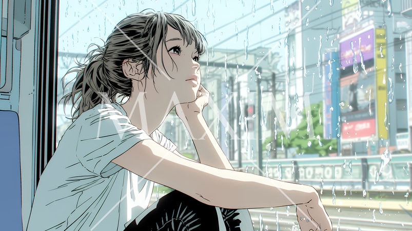 思案・反省・諦め? 窓から流れ落ちる雨粒を見つめる若い女性