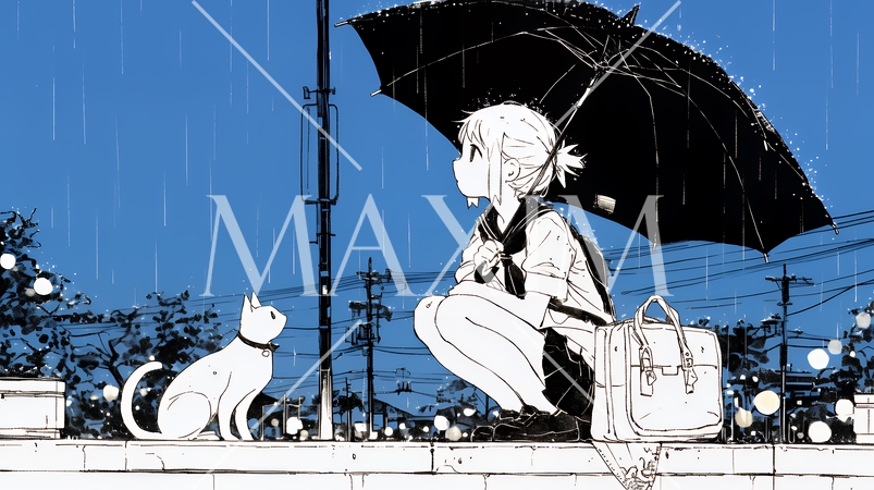 雨の中を歩く女性（シンプルな色使い）