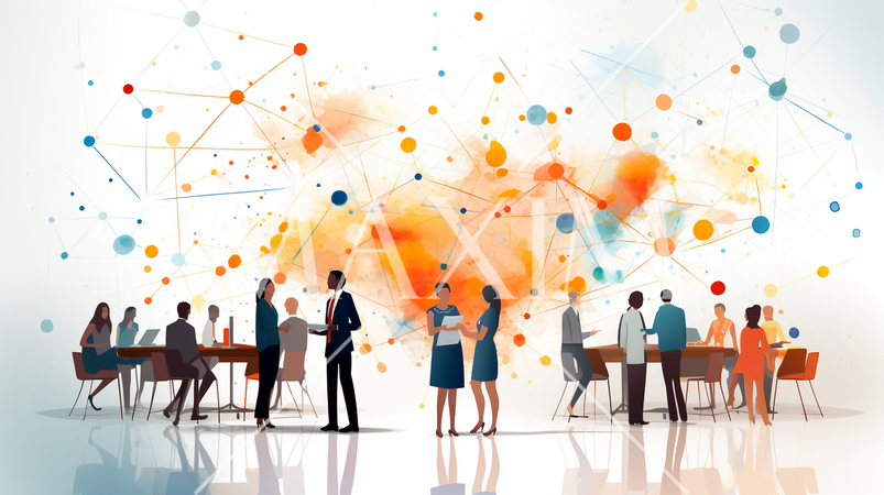 ネットワークビジネスパーソンがオフ会（リアル会合）で交流する場面。