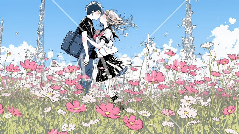 コスモス畑でデートをしている若いカップル