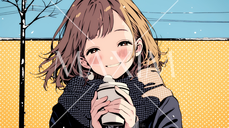 寒い冬、温かい飲み物を手にして、ふっと幸せそうに微笑む若い女性