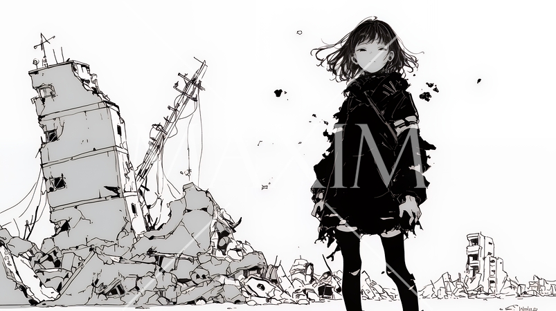 震災や空爆などで破壊された街で孤独に立ちすくむ若い女性（シンプルな色合い）