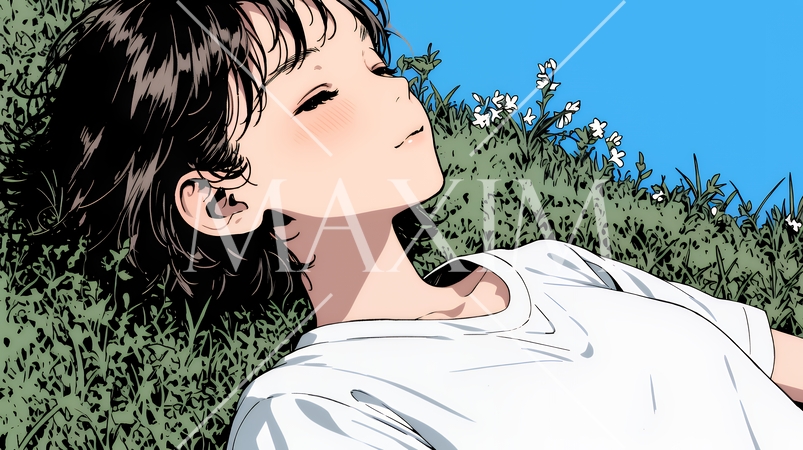 心地よさそうに地面に身を横たえる若い女性