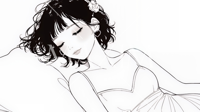 幸せそうな寝顔で眠っている若い女性（シンプルな色使い）