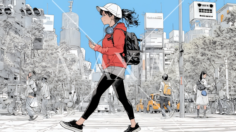 スマホの地図アプルを頼りに目的地に向かって歩いている女性：歩きスマホ