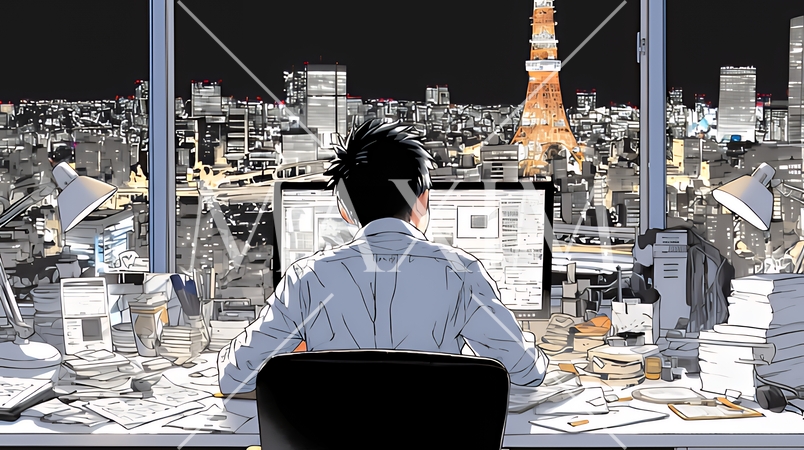 夜遅くまで残業するビジネスマン｜疲れた表情でパソコン作業をする会社員のビジネスイメージ
