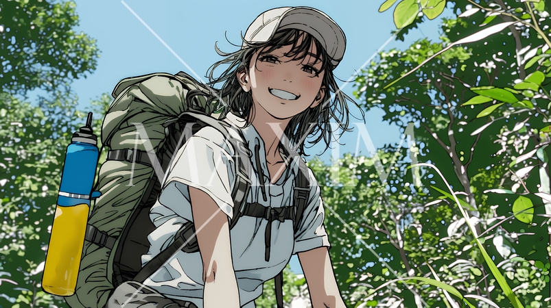 初夏の森でトレッキングを楽しむ若い女性｜新緑とアウトドアの爽やかなライフスタイル