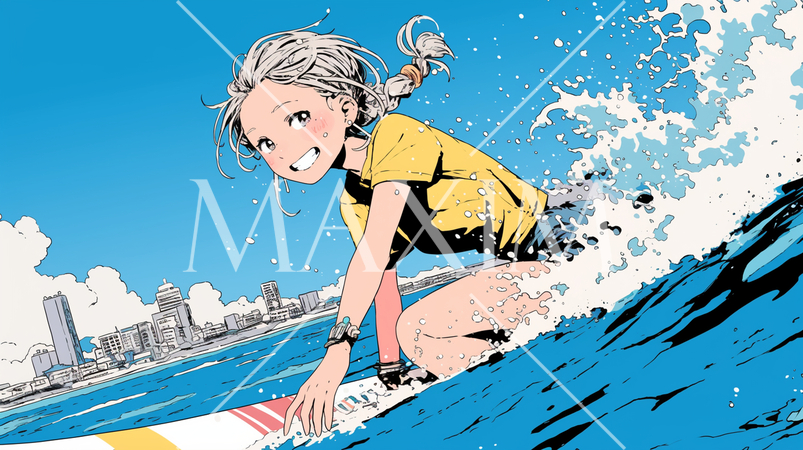 ライフセーバーもしくは南国の海で晴れた日にサーフィンをしている若い女性