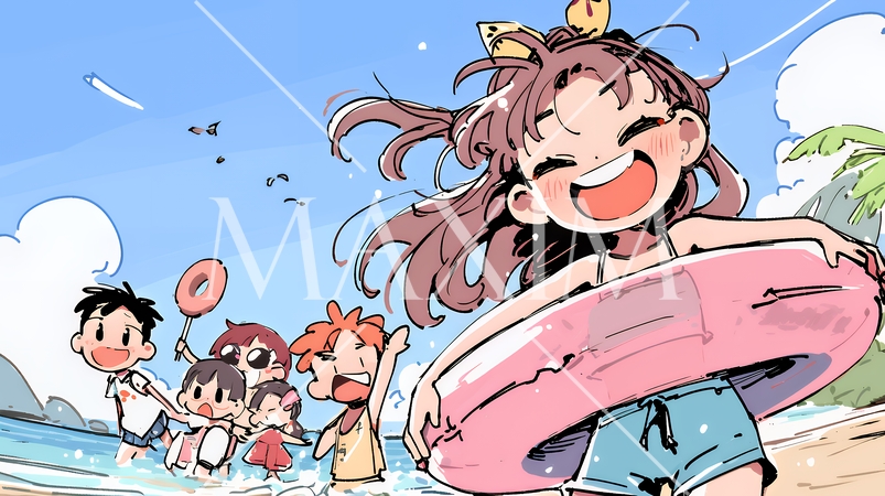 小学生の夏の思い出：海水浴（クレヨン＋水彩画風）