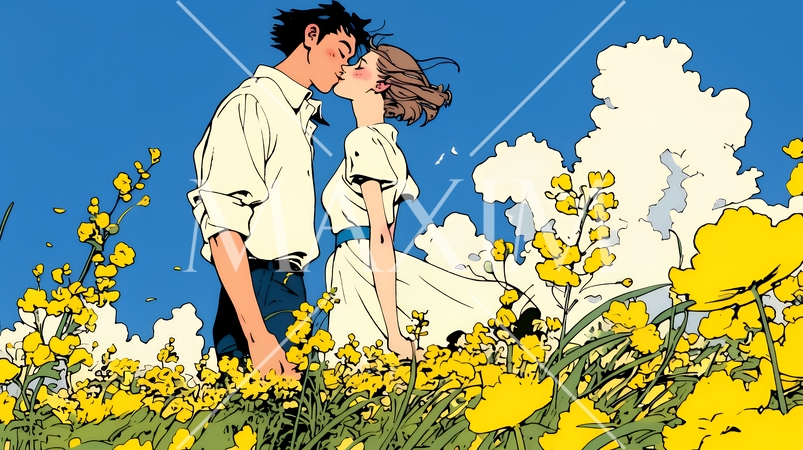 菜の花畑でデートをしている若いカップル