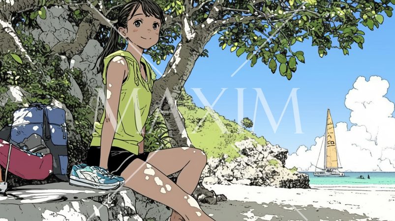 南国の海岸にビキニ姿でいる若い女性