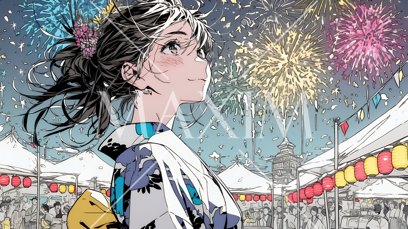 打ち上げ花火を見ている浴衣を着た若い女性