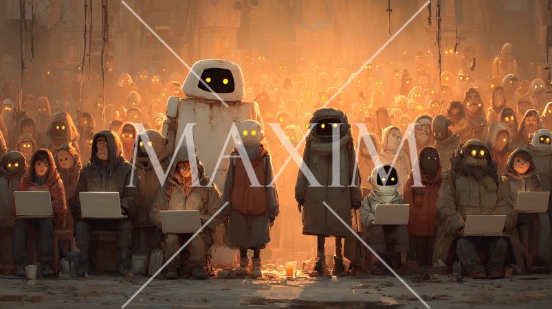 人々が抱く生成AIの抽象的なイメージ：ロボットのような人間がPCを操作している