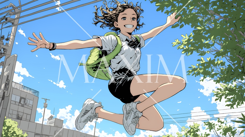 喜びにあふれ、軽やかにスキップする若い女性