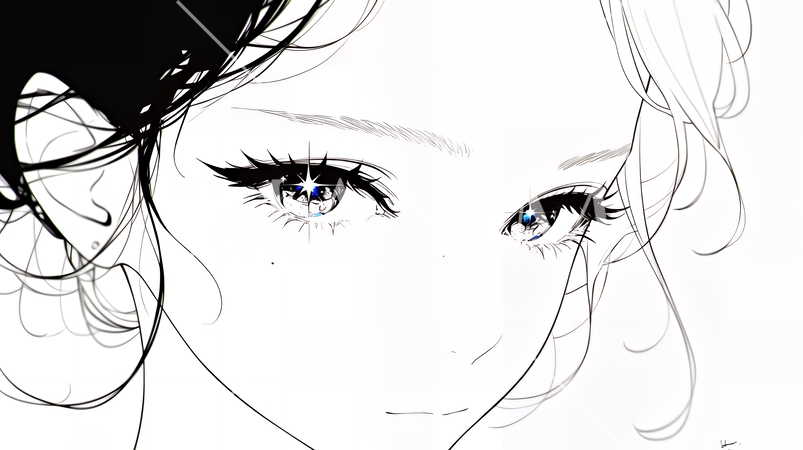 輝く瞳で見つめる好奇心旺盛な若い女性（シンプルな色使い）