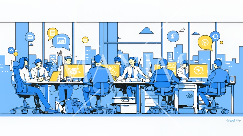 ITビジネスとクラウド技術のコンセプト｜ノートPCで働くチームとデータネットワークのイメージ