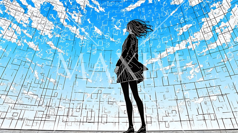 デジタルデータと日本人ビジネスウーマン｜AI・IT時代のテクノロジーイメージ（バイナリーコード）