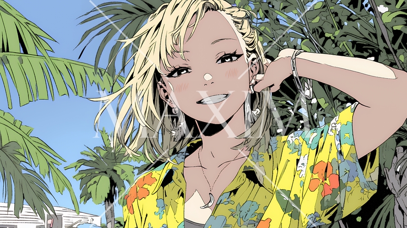 沖縄のかりゆしファッションを着て笑顔いっぱいの若い女性