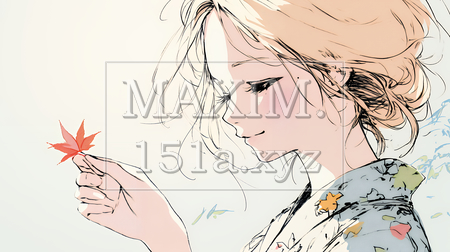 落ち葉をつまんで眺める若い女性｜秋を感じる女性のイラスト（パステル調）（イラストID:6954684-20513）