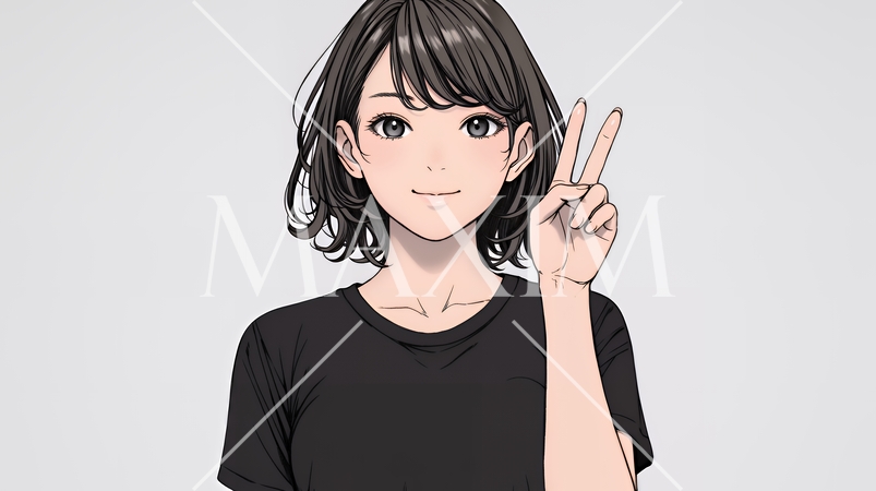 笑顔でピースサインを見せる若い女性